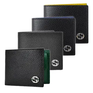 【GUCCI 古馳】610466/610464 經典Interlocking G荔枝牛皮拚色男用對開零錢/6卡短夾(顏色任選)