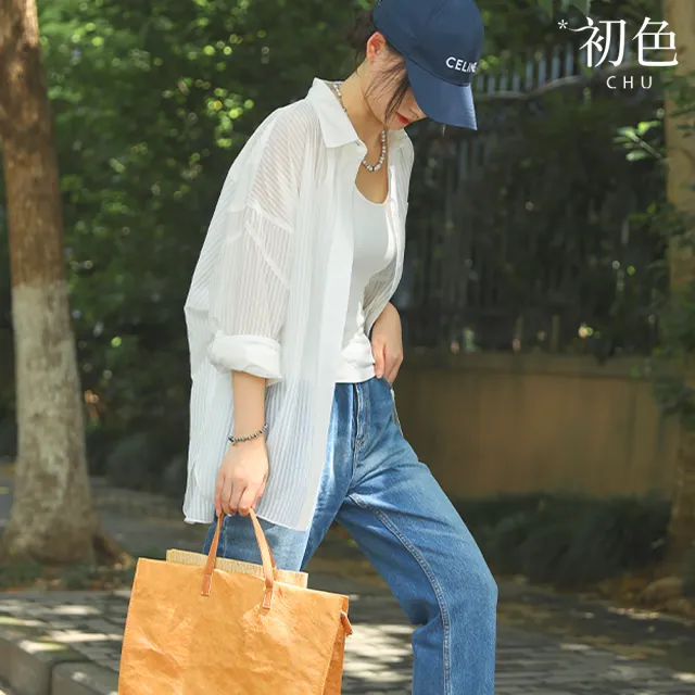 【初色】法式休閒薄款中長款肌理感條紋單排釦翻領長袖防曬襯衫上衣女上衣-白色-14055(M-2XL可選)