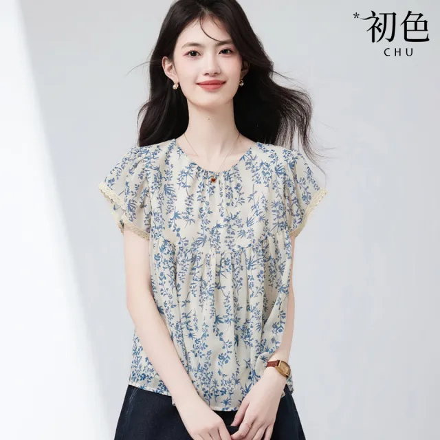 【初色】日系清新碎花蕾絲花邊拼接圓領荷葉邊袖雪紡衫上衣女上衣-花色-14163(M-2XL可選)