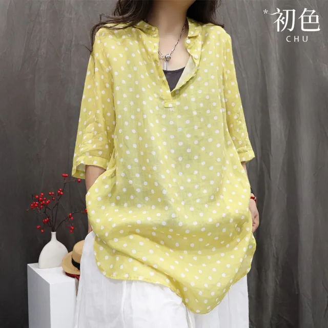 【初色】復古點點印花翻領七分袖襯衫上衣女上衣-共2色-14031(M-2XL可選)