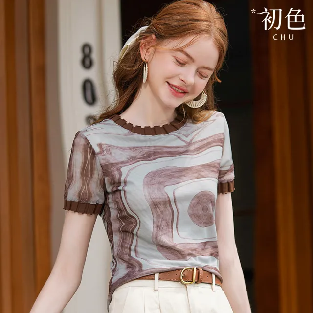 【初色】微彈印花圓領短袖花邊T恤上衣女上衣-花色-14187(M-XL可選)
