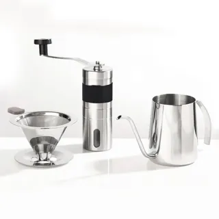 【德國康尼菲】304不銹鋼咖啡濾網手沖組(1-2人份附304極細手沖壺+手搖磨豆機+不鏽鋼過濾器+健身乳清搖搖杯)