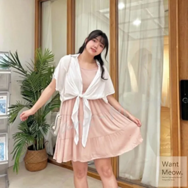 【Want-Meow】90公斤可穿/休閒短袖麻吊帶短裙兩件組/棉花糖女孩穿搭(大碼/大尺碼/加大碼/大碼)