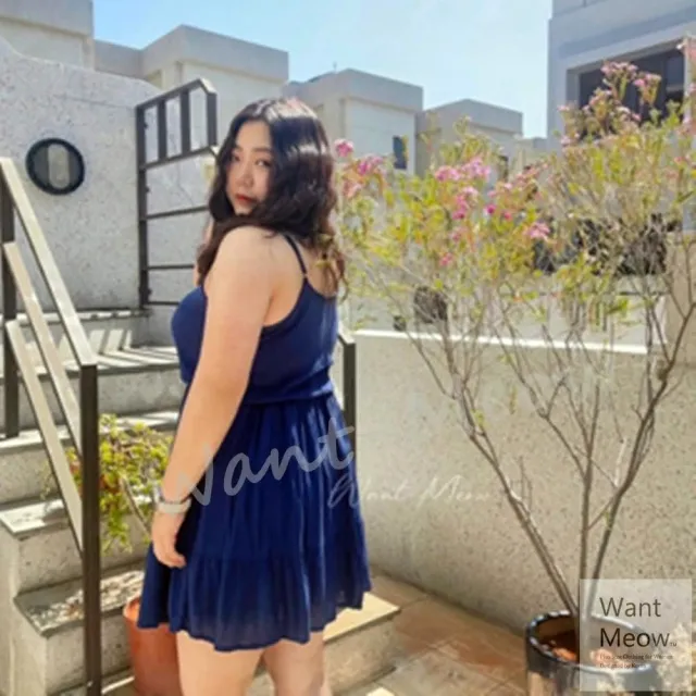 【Want-Meow】90公斤可穿/休閒短袖麻吊帶短裙兩件組/棉花糖女孩穿搭(大碼/大尺碼/加大碼/大碼)