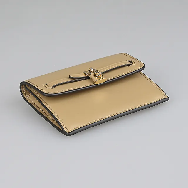 【Michael Kors】MK MICHAEL KORS Hamilton Legacy 鎖頭金字LOGO牛皮2卡釦式卡片零錢包(駱駝米)