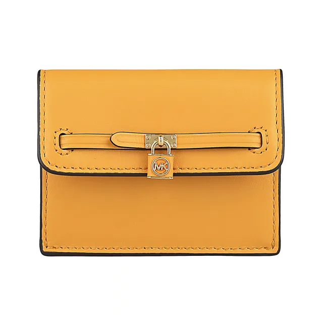 【Michael Kors】MK MICHAEL KORS Hamilton Legacy 鎖頭金字LOGO牛皮2卡釦式卡片零錢包(橘黃)