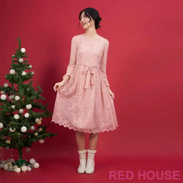 【RED HOUSE 蕾赫斯】雪紡剪接點點花朵蕾絲洋裝(共2色)