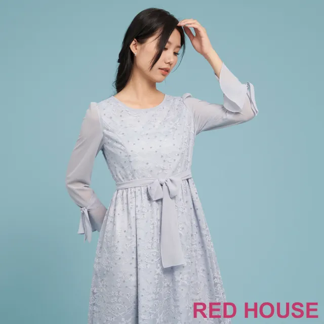 【RED HOUSE 蕾赫斯】雪紡剪接點點花朵蕾絲洋裝(共2色)
