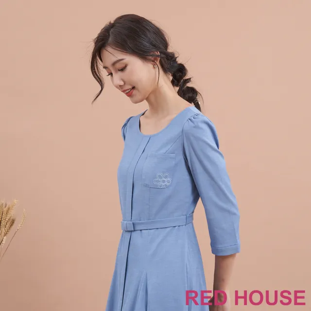 【RED HOUSE 蕾赫斯】素雅口袋繡花剪接洋裝(藍色)