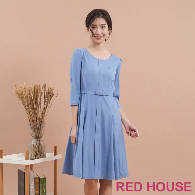 【RED HOUSE 蕾赫斯】素雅口袋繡花剪接洋裝(藍色)