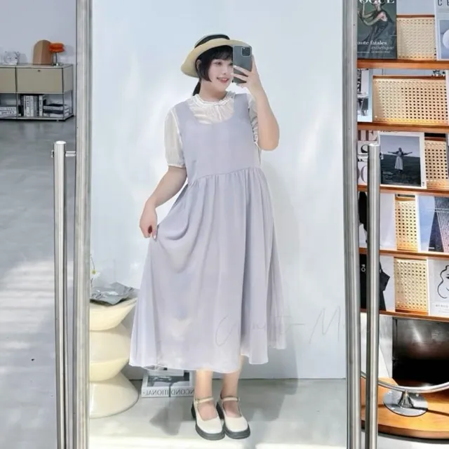 【Want-Meow】90公斤可穿/韓系氣質雪紡背帶裙連身洋裝套裝兩件組(大碼/大尺碼/加大碼/大碼/婚禮穿搭)