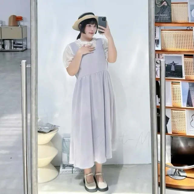 【Want-Meow】90公斤可穿/韓系氣質雪紡背帶裙連身洋裝套裝兩件組(大碼/大尺碼/加大碼/大碼/婚禮穿搭)