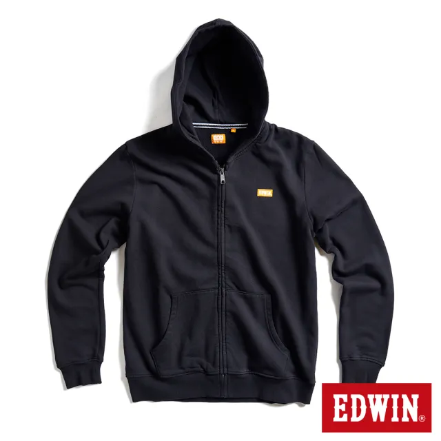 【EDWIN】男裝 仿牛仔拼接印花連帽外套(黑色)