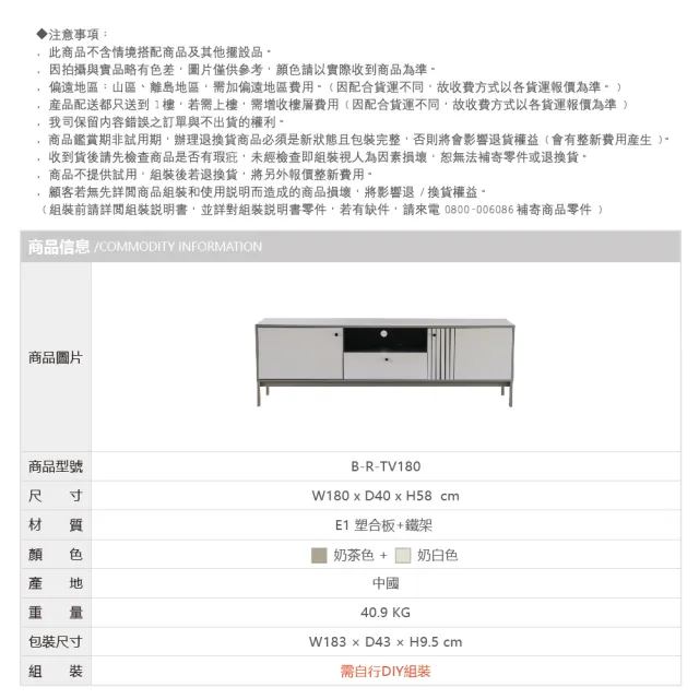 【RICHOME】CORIA電視櫃(6尺電視櫃 收納櫃 抽屜櫃 鐵腳櫃 TV180)