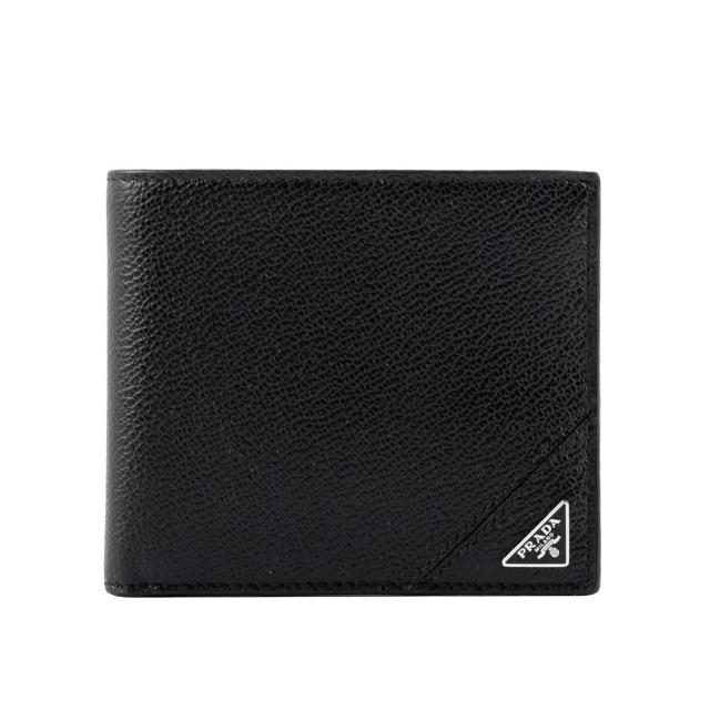 【PRADA 普拉達】三角牌Logo粒紋牛皮對開8卡短夾(黑色)