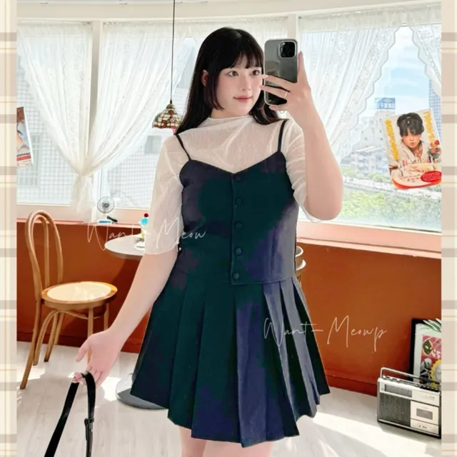 【Want-Meow】75公斤可穿/超顯瘦韓系背心短百褶裙套裝兩件組(大碼/大尺碼/加大碼/大碼/婚禮穿搭)