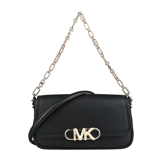 【Michael Kors】MICHAEL KORS Parker經典LOGO皮革釦式雙背帶肩背腋下包(中/黑)
