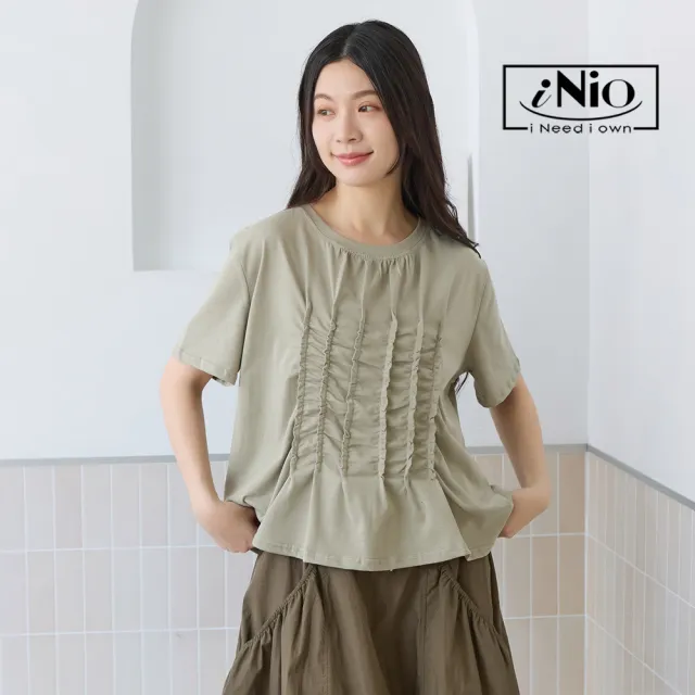 【iNio 衣著美學】短袖上衣 正面抽皺 立體皺摺 圓領棉T 黑/白/卡其(CEW1123)