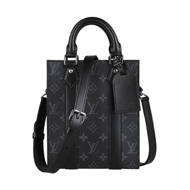 【Louis Vuitton 路易威登】LV M46453 Sac Plat Mini 印字LOGO Monogram Eclipse帆布斜背包(迷你/炭灰x黑)