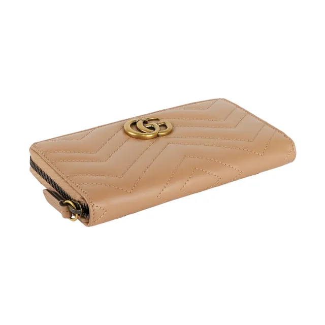 【GUCCI 古馳】GG Marmont 縫線皮革ㄇ形拉鍊長夾(裸粉色)