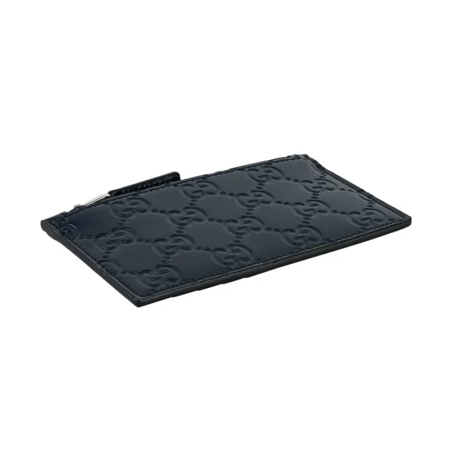 【GUCCI 古馳】GG Logo 滿版壓紋牛皮拉鍊卡夾包/零錢包(深藍色)