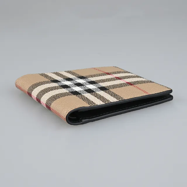 【BURBERRY 巴寶莉】BURBERRY Vintage 燙印LOGO格紋PVC搭小牛皮內襯6卡對折短夾(米)