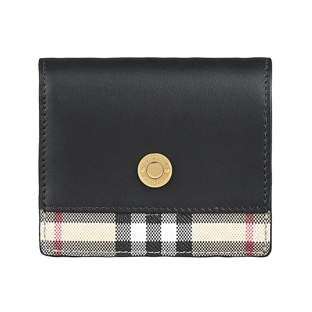 【BURBERRY 巴寶莉】BURBERRY 金釦刻印LOGO小牛皮搭格紋PVC 4卡按釦零錢短夾(黑)