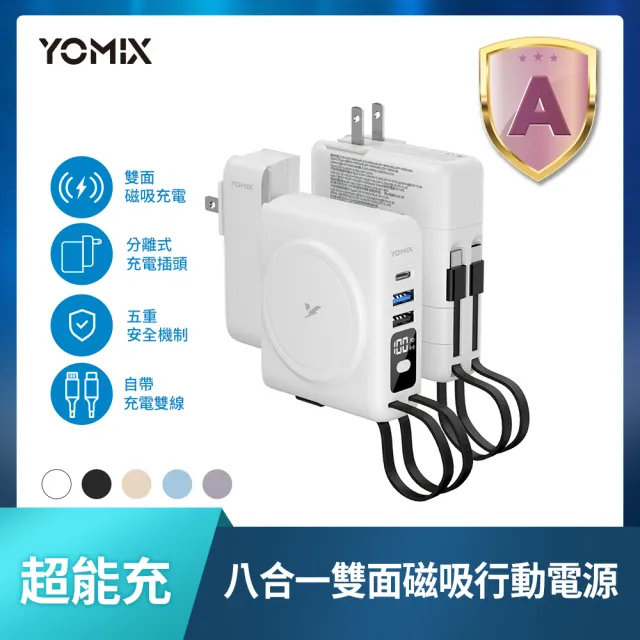 【YOMIX 優迷】手機掛繩組★八合一22W三孔快充10000mAh可拆插頭行動電源(電量顯示/MagSafe/iWatch充電)