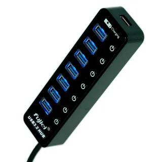 【Fujiei】7埠獨立電子開關USB3.2 HUB(附台灣製3A安規變壓器)