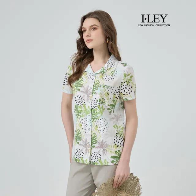 【ILEY 伊蕾】清新樹葉印花純棉襯衫(綠;M-2L;1252011569)