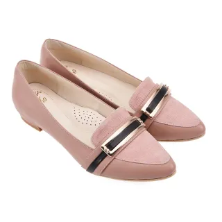 【A.S.O 阿瘦集團】A.S.O 窩心系列-拼接羊皮飾扣尖楦低跟樂福鞋(女鞋_粉紅)