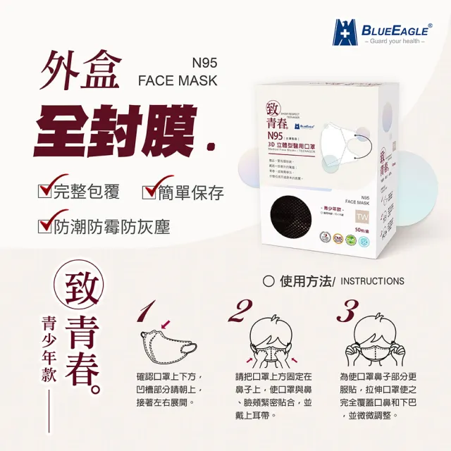 【藍鷹牌】N95 醫用3D立體口罩 青少年款 50片x2盒(10色可選)