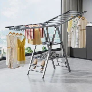 【AOTTO】翼型三層附輪折疊曬衣架(晾衣架 曬衣架 衣架)