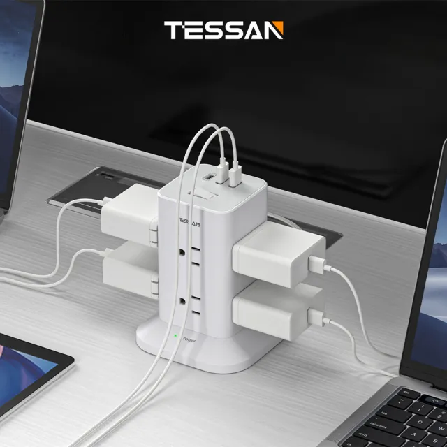 【TESSAN】1開8插3P USB+PD20W立式桌上型延長線(1.8米)