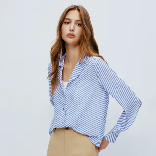 【MOMA】簡約斜條紋V領雪紡襯衫(藍底花布)