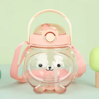 【可愛元氣】日系萌寵小熊大容量噸噸水壺(1000ml 背帶 兒童水杯 雙飲杯 吸管杯 環保飲料杯)