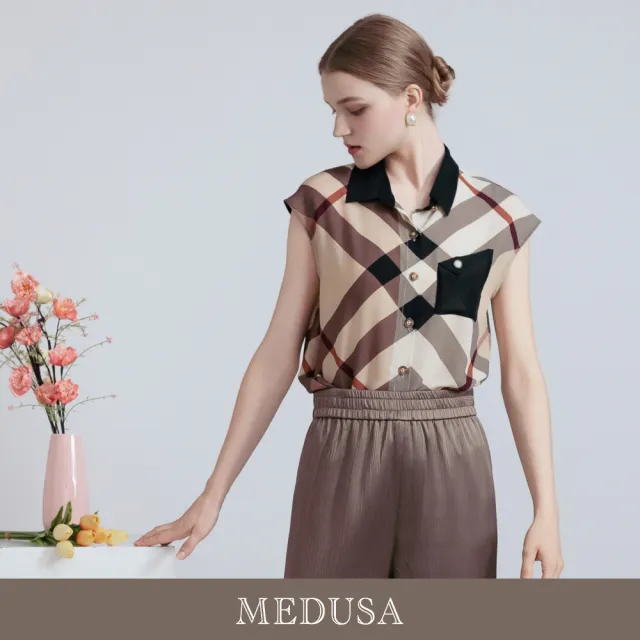 【MEDUSA 曼度莎】現貨-經典英倫格紋長版無袖雪紡上衣(M-XL)|女格紋雪紡上衣 上班上衣(601-38301)