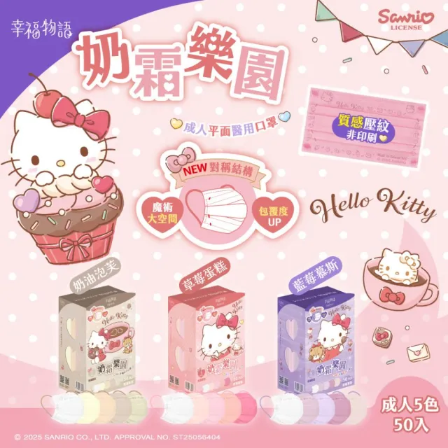 【Injoyyi 幸福物語】Hello Kitty奶霜樂園 五色醫療口罩50片x3盒(一盒5色 日系雙向口罩折法)