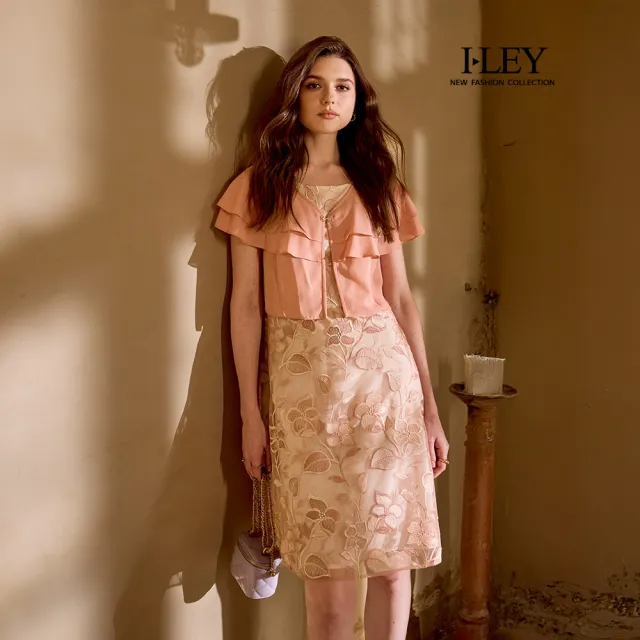 【ILEY 伊蕾】荷葉造型外套假兩件蕾絲洋裝(粉；M-2L；1252077156)