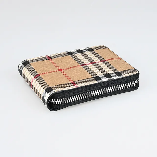 【BURBERRY 巴寶莉】BURBERRY 內字母LOGO格紋塗層帆布搭牛皮ㄇ字拉鍊零錢短夾(米x黑)