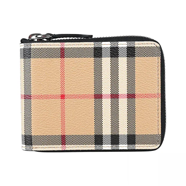 【BURBERRY 巴寶莉】BURBERRY 內字母LOGO格紋塗層帆布搭牛皮ㄇ字拉鍊零錢短夾(米x黑)