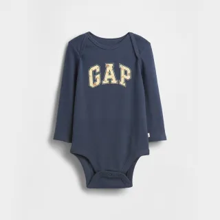 【GAP】嬰兒裝 Logo純棉印花圓領長袖包屁衣-海軍藍(791294)