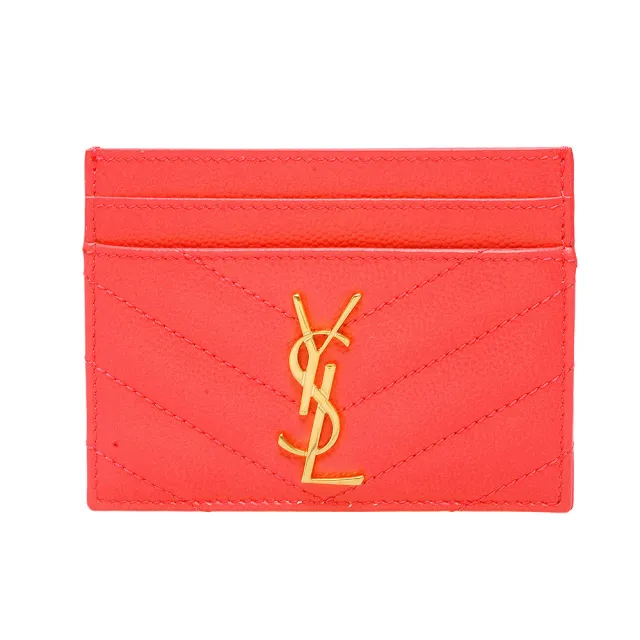 【YSL】MONOGRAM系列V字縫線魚子醬牛皮金屬LOGO萬用票卡/證件名片夾(蜜桃粉370775-BOW01-2275)（其他規格）