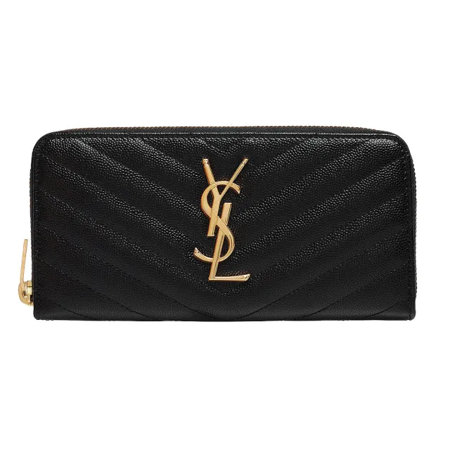 【YSL】MONOGRAM系列V字縫線魚子醬牛皮金屬LOGO拉鍊手拿長夾(黑358094-BOW01-1000)（其他規格）