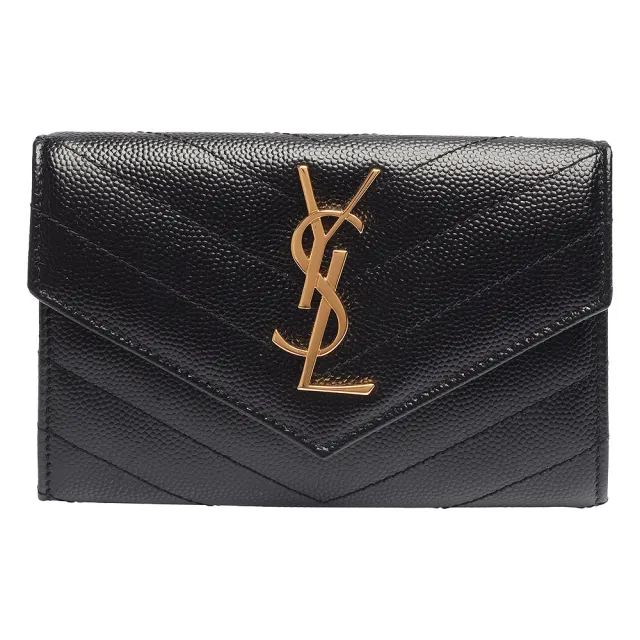 【YSL】MONOGRAM系列V字縫線魚子醬牛皮金屬LOGO暗釦零錢包(黑414404-BOW01-1000)