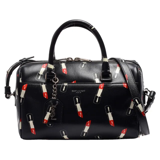 【YSL】品牌字母銀色LOGO吊牌唇膏印花小牛皮手提/斜背包(小-黑400422-CUC0E-1014)