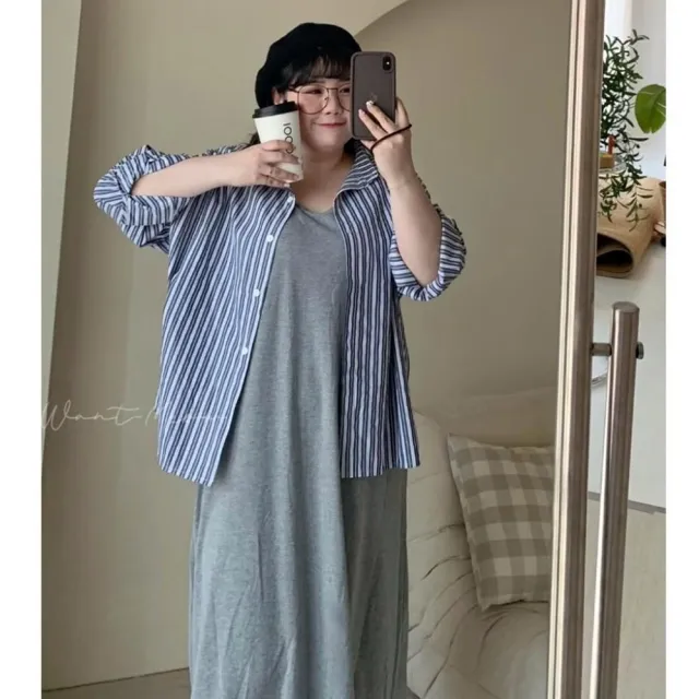 【Want-Meow】90公斤可穿/韓系2件套顯瘦直條襯衫洋裝套裝兩件組/棉花糖女孩穿搭(大碼/大尺碼/加大碼/大碼)