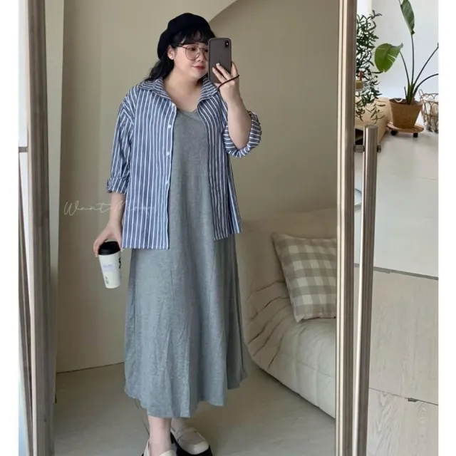 【Want-Meow】90公斤可穿/韓系2件套顯瘦直條襯衫洋裝套裝兩件組/棉花糖女孩穿搭(大碼/大尺碼/加大碼/大碼)