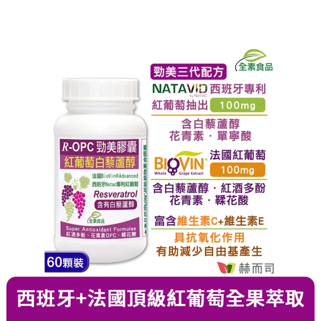 【赫而司】紅葡萄白藜蘆醇1罐(共60顆紅酒多酚花青素OPC鞣花酸+維生素CE具抗氧化養顏R-OPC勁美全素膠囊)
