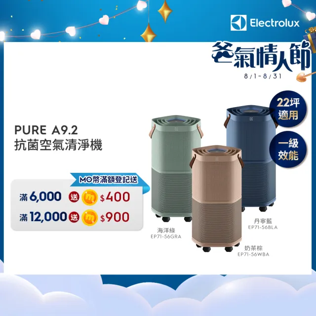 【Electrolux 伊萊克斯】高效能抗菌空氣清淨機 EP71-56BLA 56GRA 56WBA(Pure A9.2 三色任選 22坪內適用)